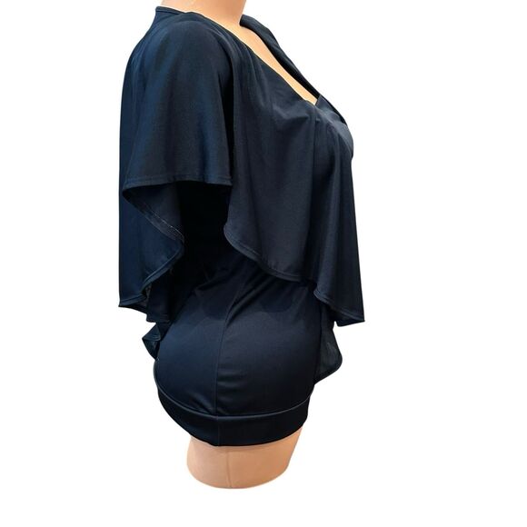 Women’s Navy Flutter Sleeve Drape Front Top Sz M Square Neck Stretchy Blouse Y2K - Picture 4 of 5